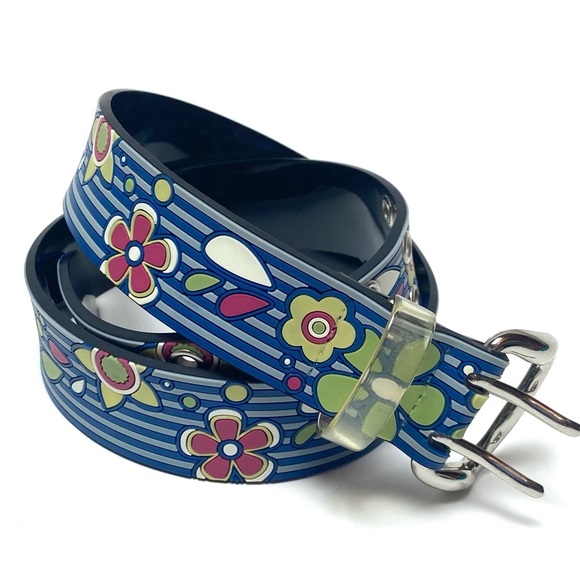 Y2K Women’s Floral Striped Rubber Belt Sz Small - Picture 1 of 6